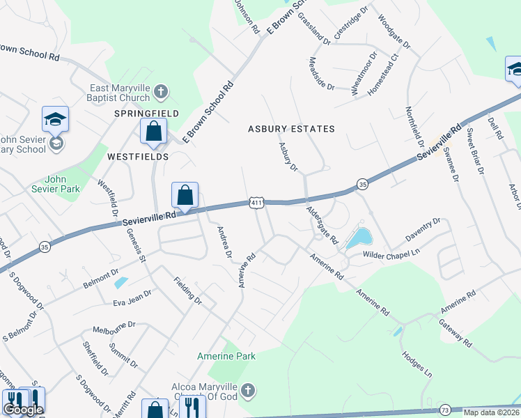 map of restaurants, bars, coffee shops, grocery stores, and more near 116 Sandidge Road in Maryville