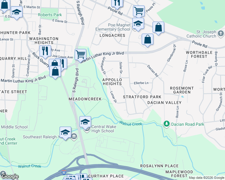 map of restaurants, bars, coffee shops, grocery stores, and more near 721 Lunar Drive in Raleigh