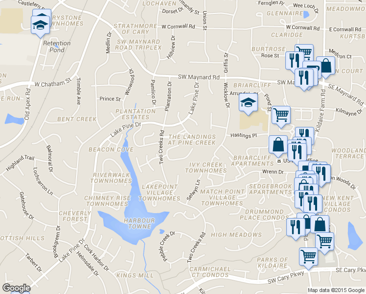 map of restaurants, bars, coffee shops, grocery stores, and more near 124 Pickett Lane in Cary