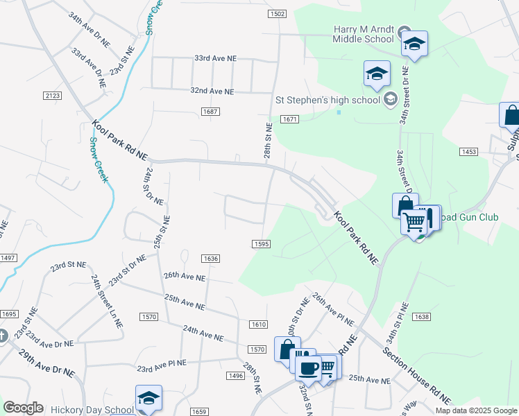 map of restaurants, bars, coffee shops, grocery stores, and more near 2831 28th Street Northeast in Hickory