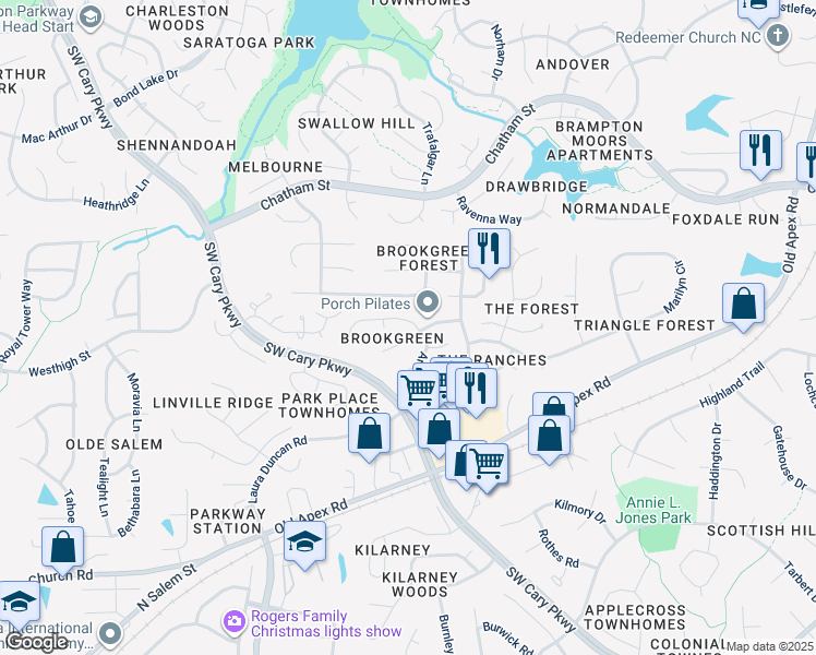 map of restaurants, bars, coffee shops, grocery stores, and more near in Cary