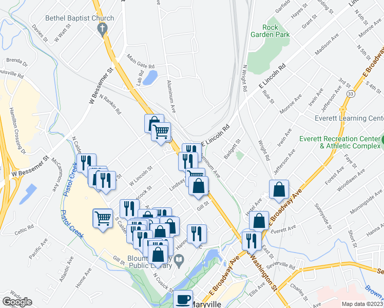 map of restaurants, bars, coffee shops, grocery stores, and more near 111 South Hall Road in Alcoa
