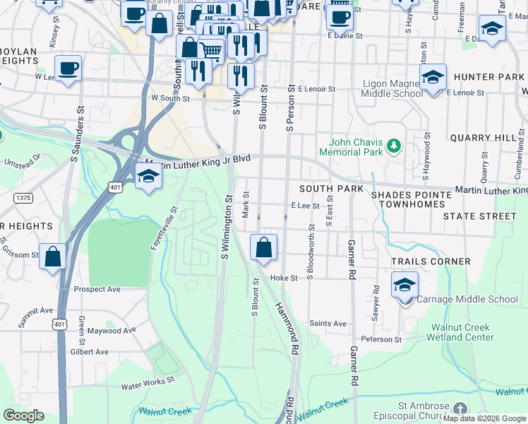 map of restaurants, bars, coffee shops, grocery stores, and more near 1128 South Blount Street in Raleigh