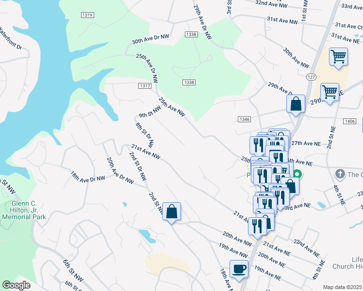 map of restaurants, bars, coffee shops, grocery stores, and more near 710 21st Avenue Drive Northwest in Hickory