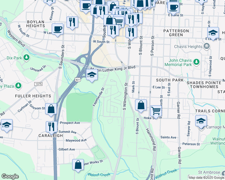map of restaurants, bars, coffee shops, grocery stores, and more near 1256 McCauley Street in Raleigh