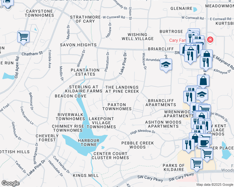 map of restaurants, bars, coffee shops, grocery stores, and more near 126 Pickett Lane in Cary