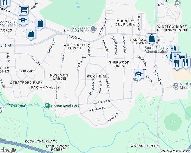 map of restaurants, bars, coffee shops, grocery stores, and more near 904 Greenwich Street in Raleigh