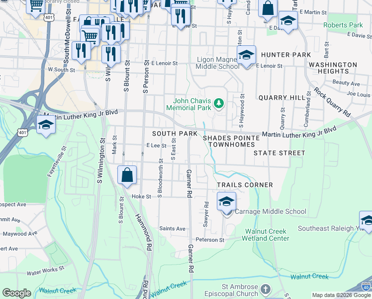 map of restaurants, bars, coffee shops, grocery stores, and more near in Raleigh