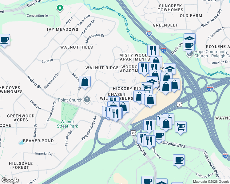 map of restaurants, bars, coffee shops, grocery stores, and more near 1260 Donaldson Court in Cary