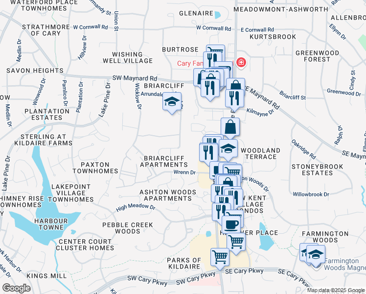 map of restaurants, bars, coffee shops, grocery stores, and more near 1239 Pond Street in Cary