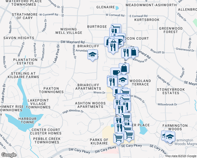 map of restaurants, bars, coffee shops, grocery stores, and more near 1239 Pond Street in Cary