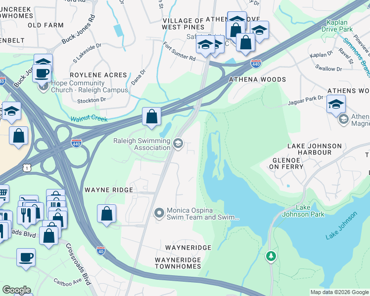 map of restaurants, bars, coffee shops, grocery stores, and more near 1100 Lupine Court in Raleigh