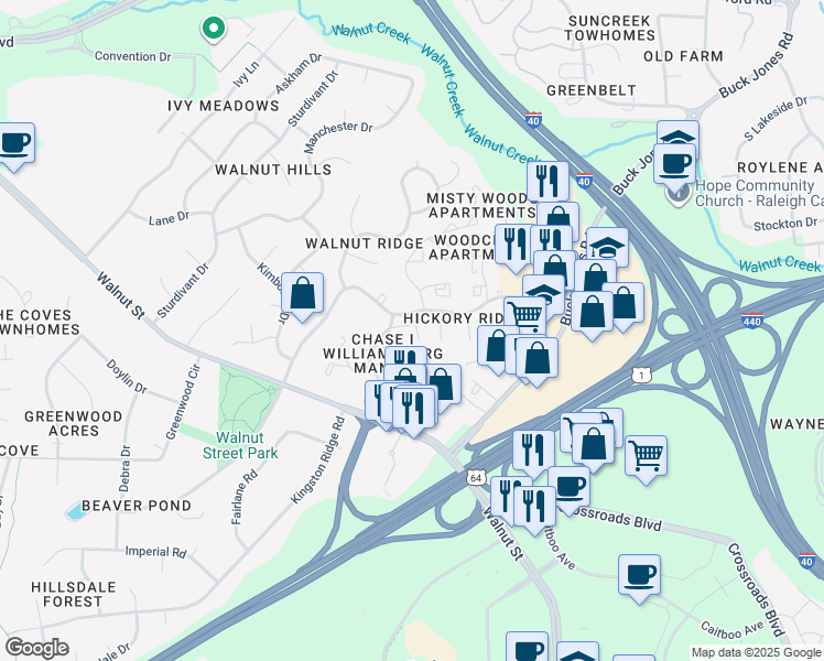map of restaurants, bars, coffee shops, grocery stores, and more near 1260 Donaldson Court in Cary