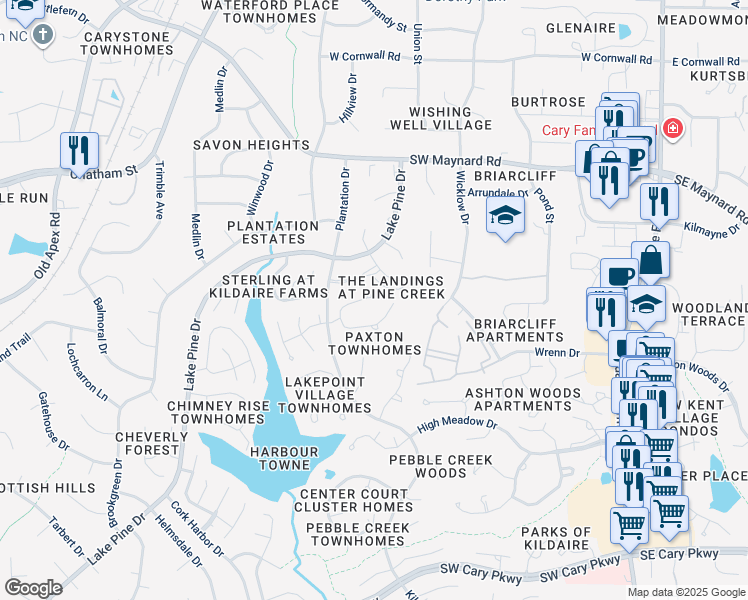 map of restaurants, bars, coffee shops, grocery stores, and more near 126 Pickett Lane in Cary
