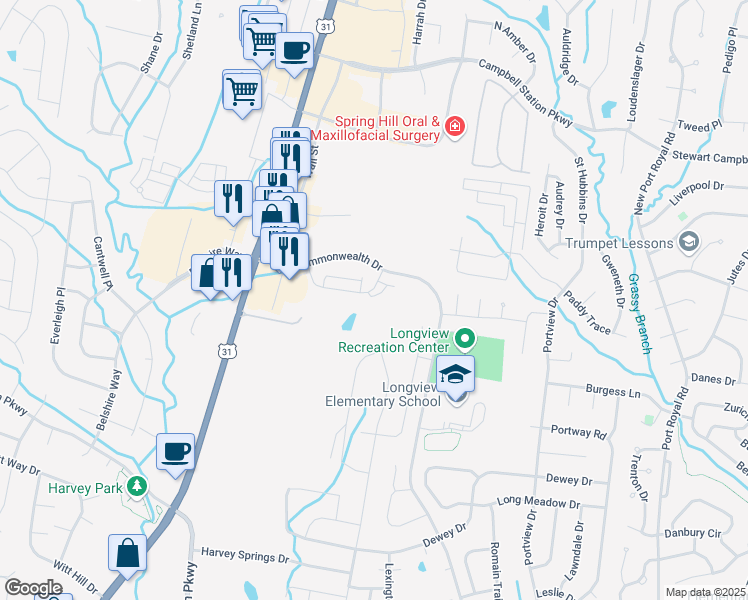 map of restaurants, bars, coffee shops, grocery stores, and more near 105 Dursley Lane in Spring Hill