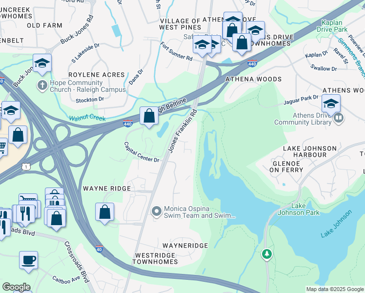 map of restaurants, bars, coffee shops, grocery stores, and more near 901 Jones Franklin Road in Raleigh