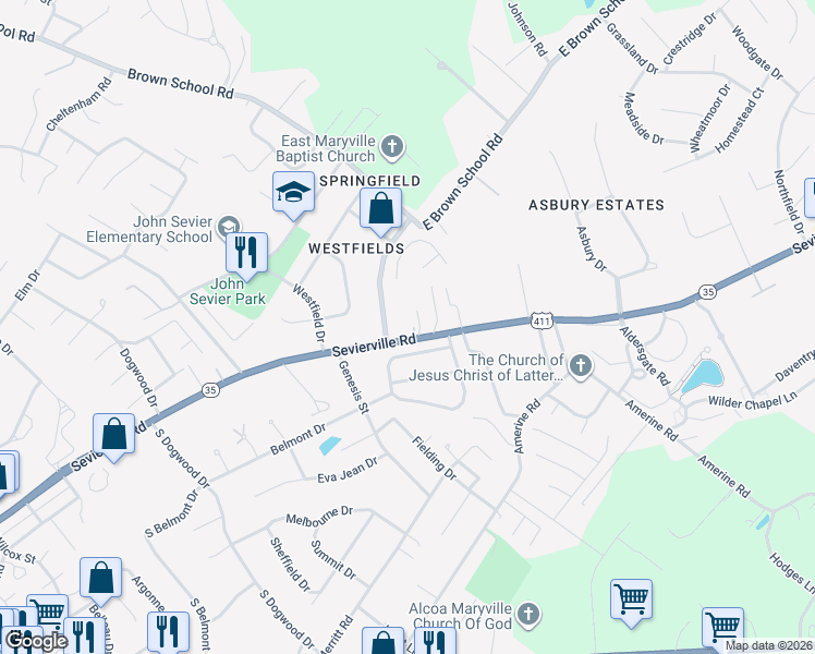 map of restaurants, bars, coffee shops, grocery stores, and more near 1338 East Brown School Road in Maryville
