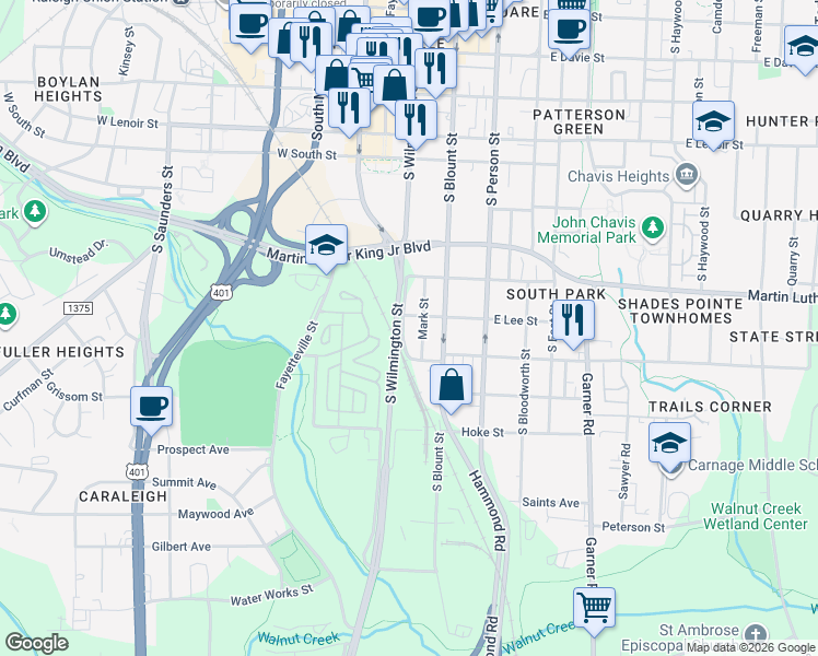 map of restaurants, bars, coffee shops, grocery stores, and more near 1107 South Wilmington Street in Raleigh
