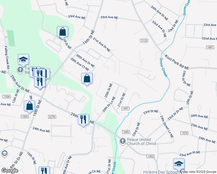 map of restaurants, bars, coffee shops, grocery stores, and more near 2915 20th Street Northeast in Hickory