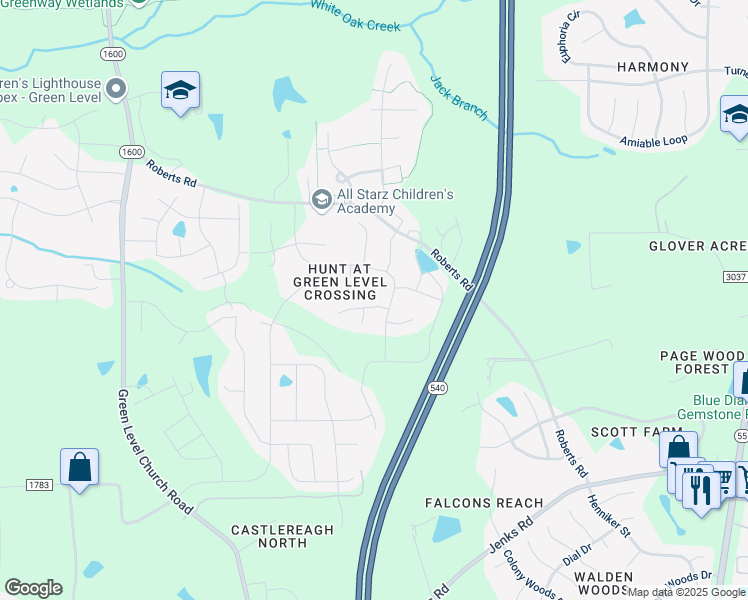 map of restaurants, bars, coffee shops, grocery stores, and more near 2212 Lorelai Ln in Apex