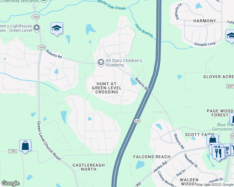 map of restaurants, bars, coffee shops, grocery stores, and more near 2212 Lorelai Ln in Apex