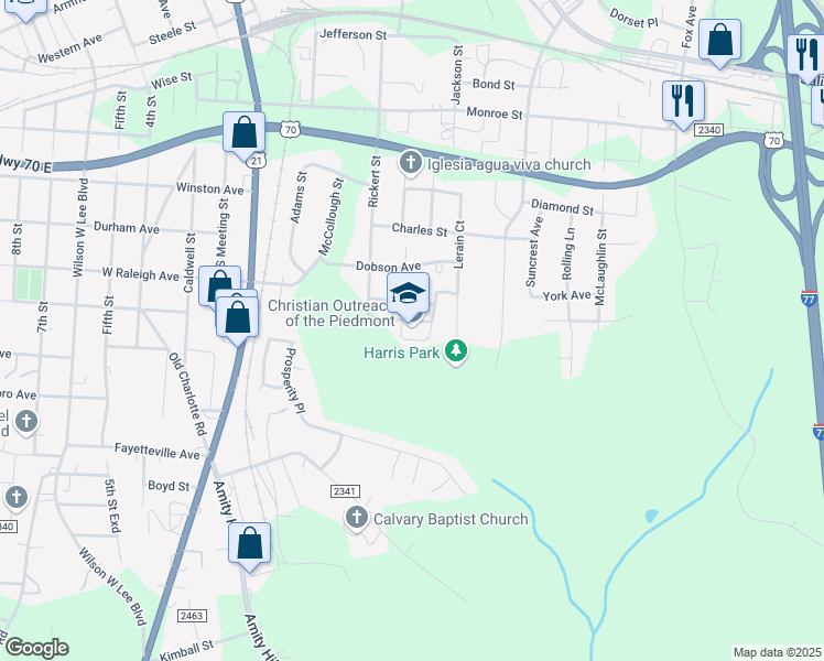 map of restaurants, bars, coffee shops, grocery stores, and more near 1424 Rickert Street in Statesville