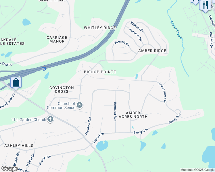map of restaurants, bars, coffee shops, grocery stores, and more near 5733 Meadow Run in Knightdale