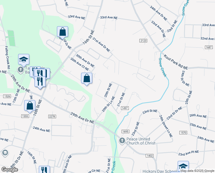 map of restaurants, bars, coffee shops, grocery stores, and more near 2915 20th Street Northeast in Hickory