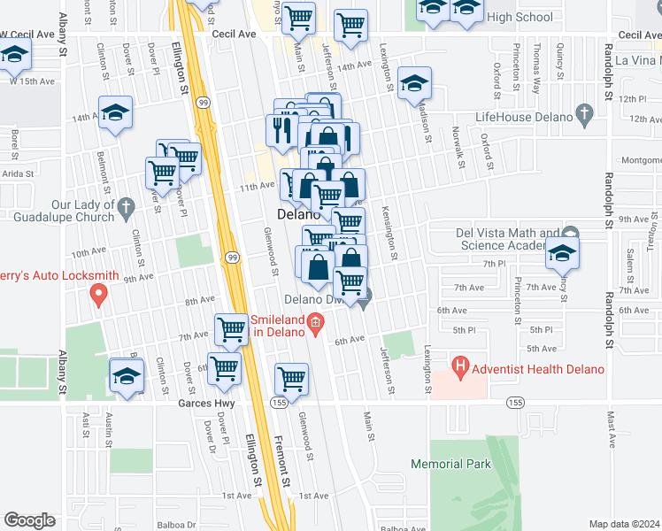 map of restaurants, bars, coffee shops, grocery stores, and more near 827 Main Street in Delano