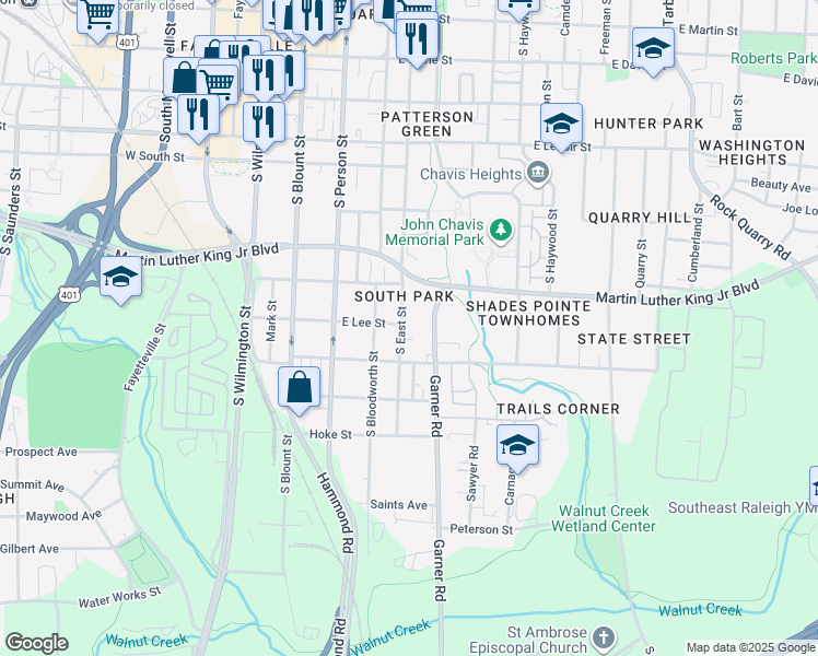 map of restaurants, bars, coffee shops, grocery stores, and more near in Raleigh
