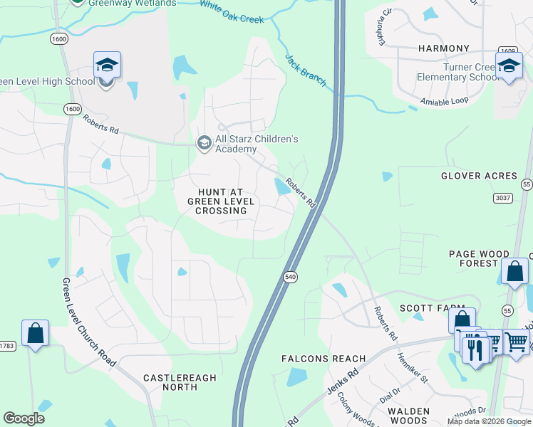 map of restaurants, bars, coffee shops, grocery stores, and more near 232 Kanewind Terrace in Apex