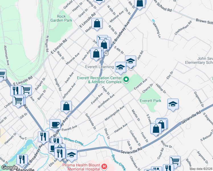 map of restaurants, bars, coffee shops, grocery stores, and more near 1410 Wales Avenue in Maryville