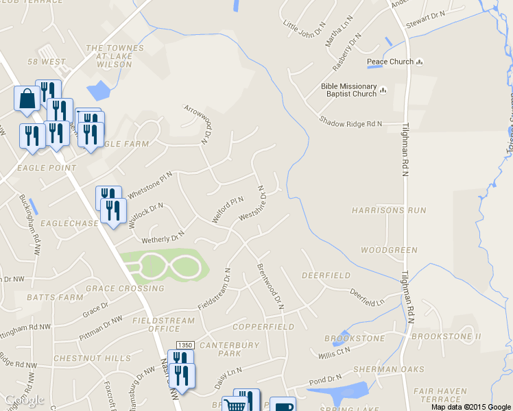 map of restaurants, bars, coffee shops, grocery stores, and more near 3115 Westshire Drive North in Wilson