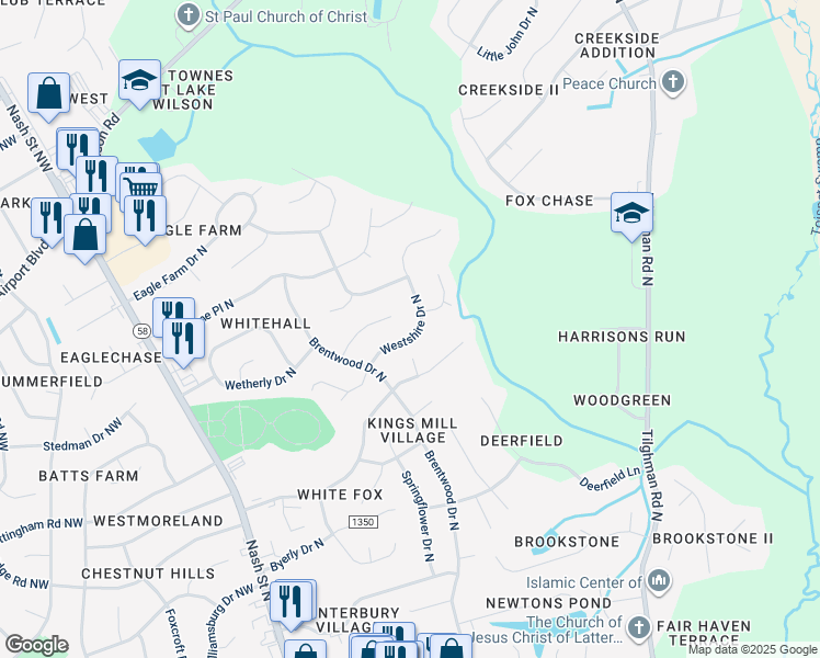 map of restaurants, bars, coffee shops, grocery stores, and more near 3115 Westshire Drive North in Wilson