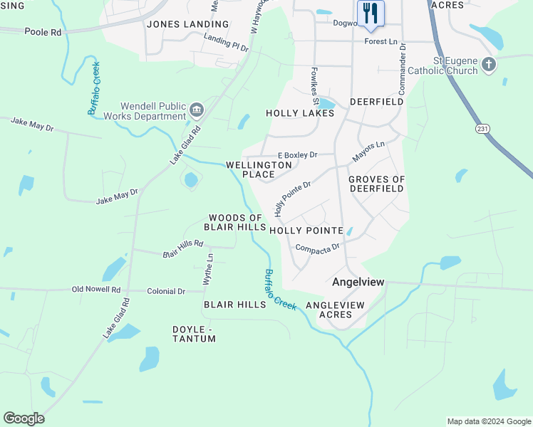 map of restaurants, bars, coffee shops, grocery stores, and more near 404 Helleri Court in Wendell
