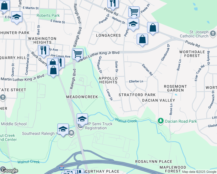 map of restaurants, bars, coffee shops, grocery stores, and more near 717 Lunar Drive in Raleigh