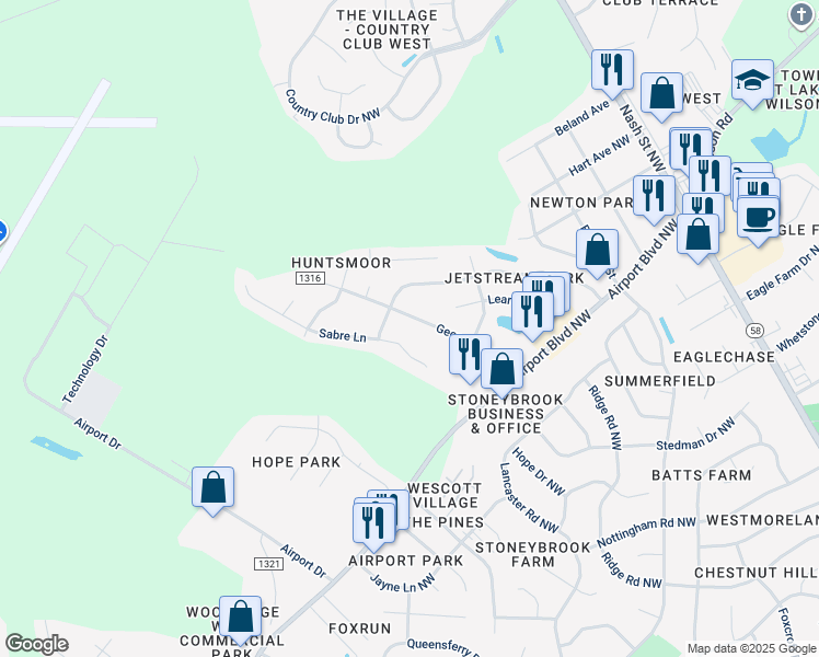 map of restaurants, bars, coffee shops, grocery stores, and more near 3559 Jetstream Drive in Wilson