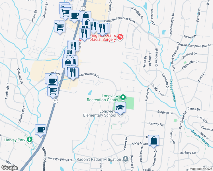 map of restaurants, bars, coffee shops, grocery stores, and more near 2880 Commonwealth Drive in Spring Hill
