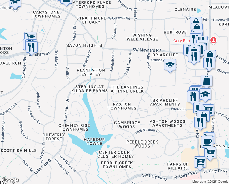 map of restaurants, bars, coffee shops, grocery stores, and more near 115 Pickett Lane in Cary