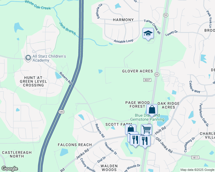 map of restaurants, bars, coffee shops, grocery stores, and more near 521 Lapis Lane in Cary