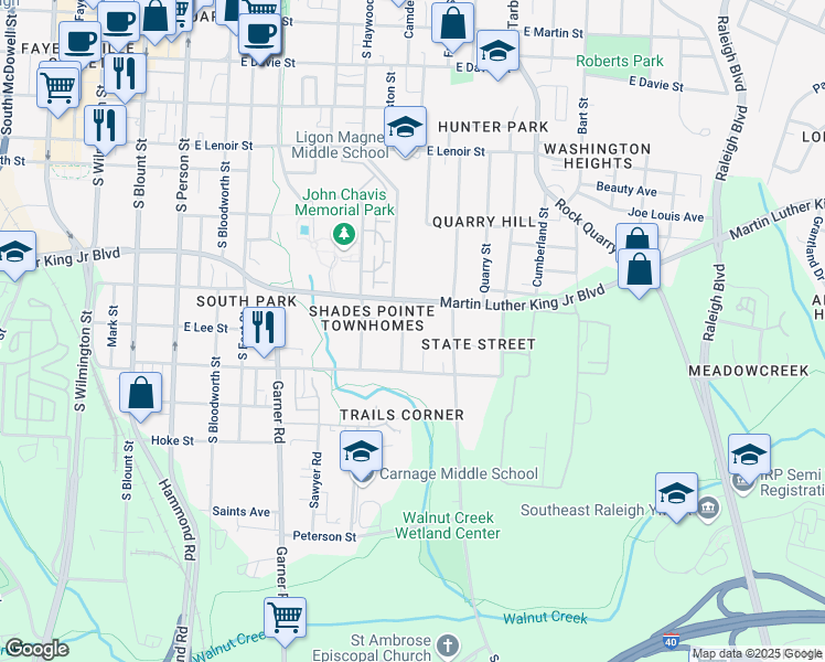 map of restaurants, bars, coffee shops, grocery stores, and more near 1027 Gregg Street in Raleigh