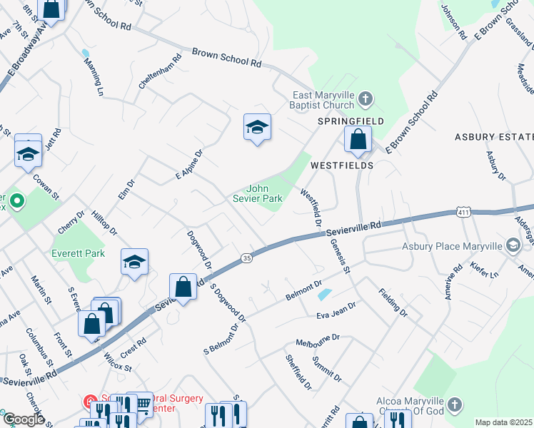 map of restaurants, bars, coffee shops, grocery stores, and more near 1966 Sequoyah Avenue in Maryville