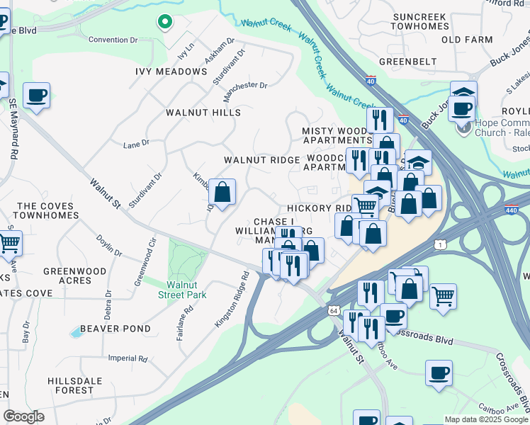 map of restaurants, bars, coffee shops, grocery stores, and more near 1111 Nottingham Circle in Cary