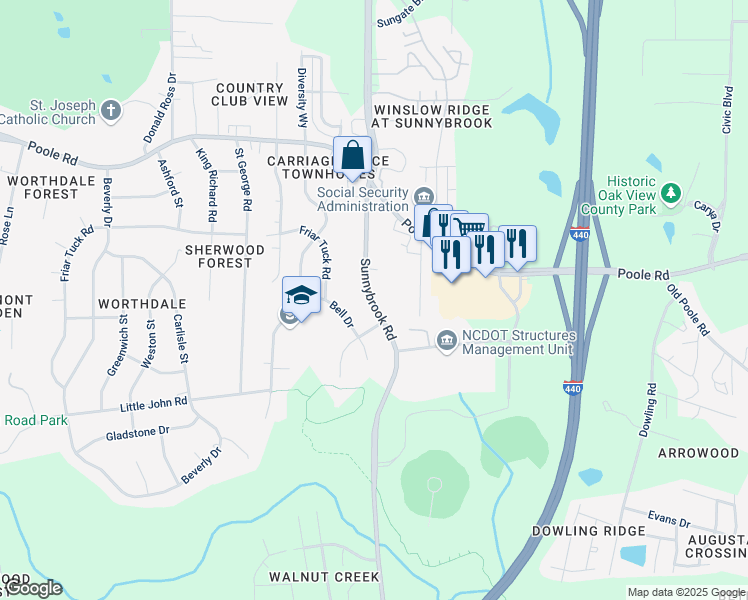 map of restaurants, bars, coffee shops, grocery stores, and more near 663 Sunnybrook Road in Raleigh