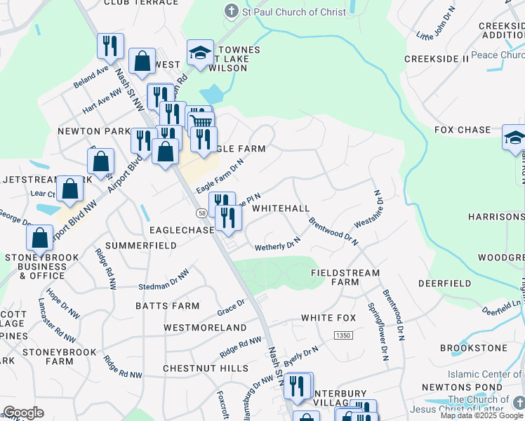map of restaurants, bars, coffee shops, grocery stores, and more near 3528 Whetstone Pl N in Wilson
