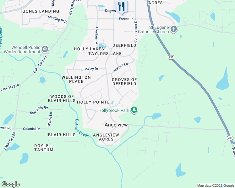 map of restaurants, bars, coffee shops, grocery stores, and more near 960 Sandyhill Road in Wendell