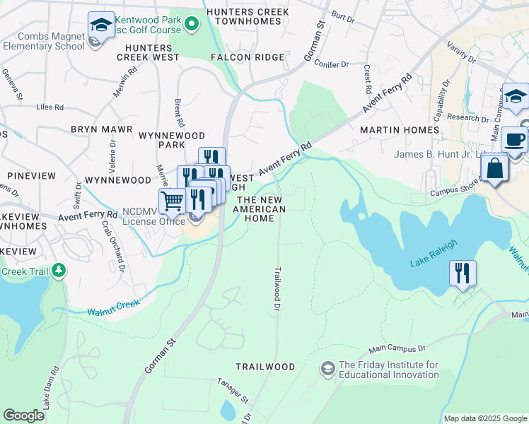 map of restaurants, bars, coffee shops, grocery stores, and more near 1000 Trailwood Drive in Raleigh