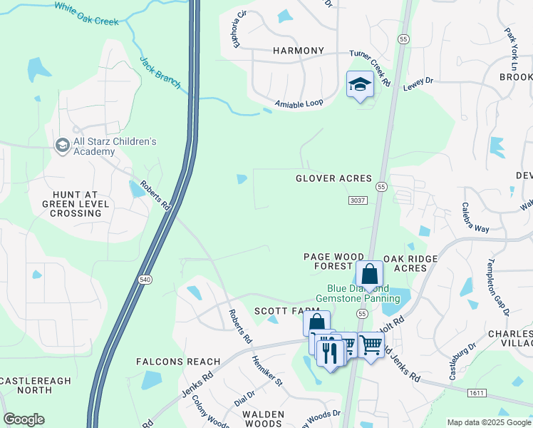 map of restaurants, bars, coffee shops, grocery stores, and more near 521 Lapis Lane in Cary
