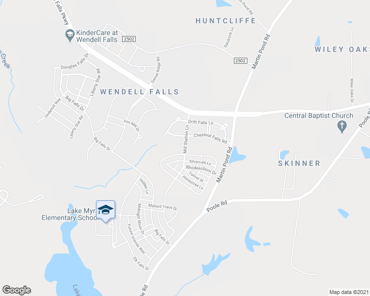 map of restaurants, bars, coffee shops, grocery stores, and more near Mill Station Lane in Wendell