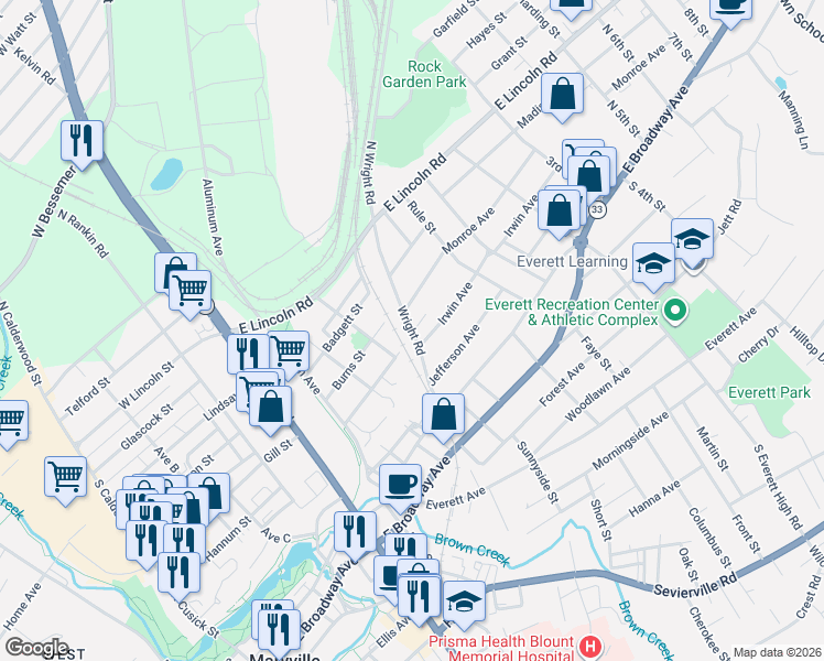 map of restaurants, bars, coffee shops, grocery stores, and more near 416 Wright Road in Maryville